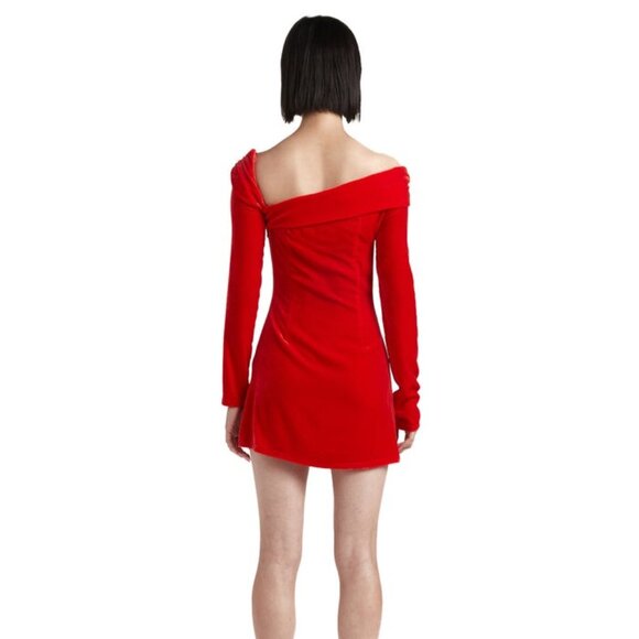 Mirae Scarlette Dress in Red velvet long sleeve off shoulder mini asymetrical - Picture 3 of 11